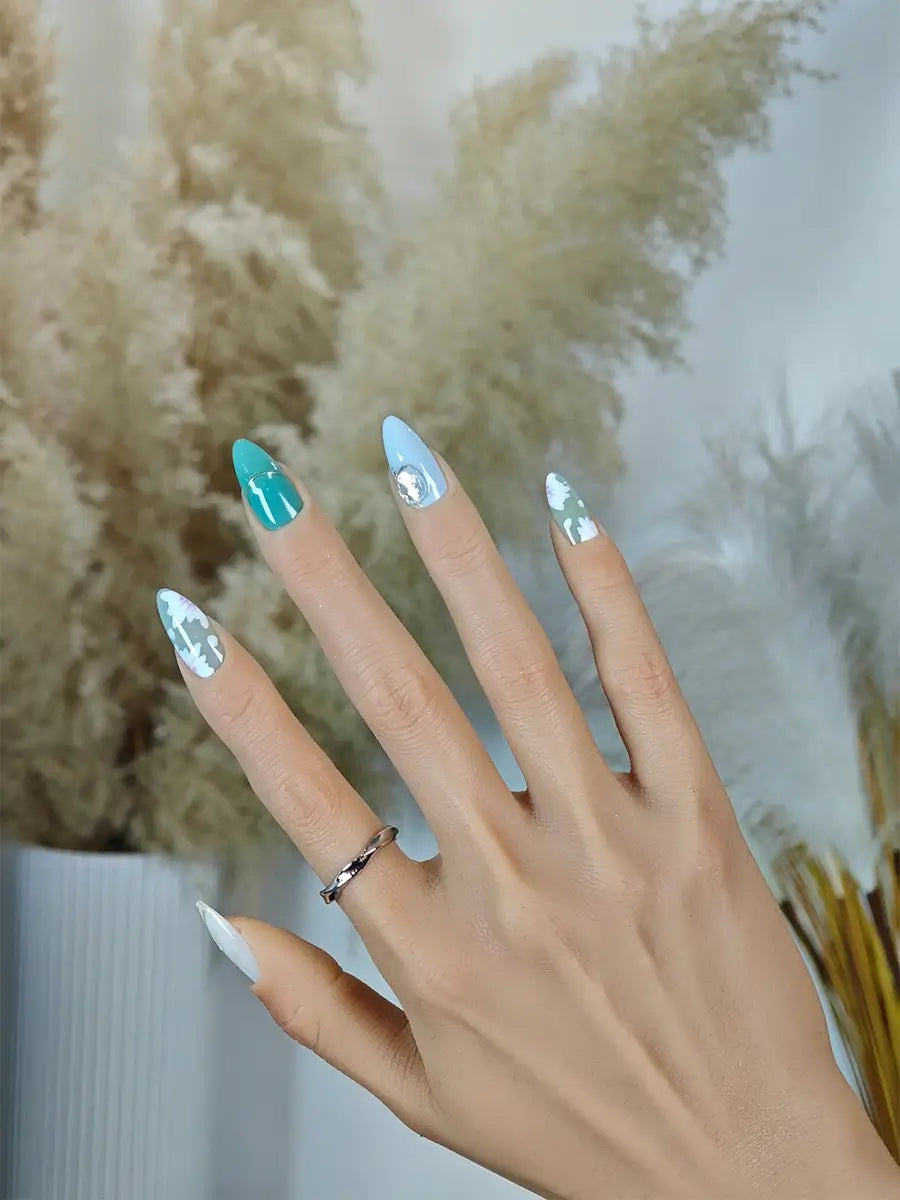 Mint Blossom Almond Nails with Floral Art, Gold Stripes and Crystal Embellishments Press On Nails