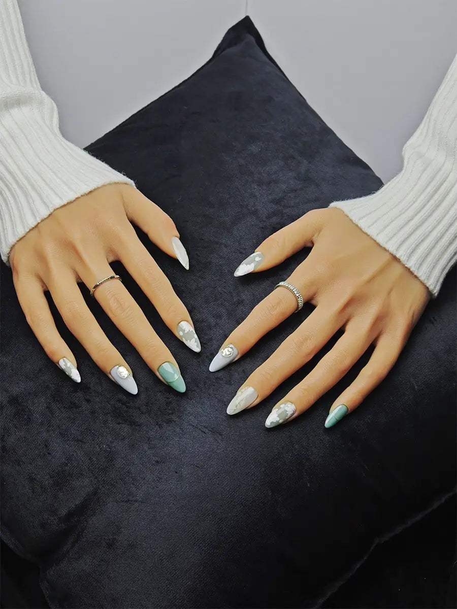 Mint Blossom Almond Nails with Floral Art, Gold Stripes and Crystal Embellishments Press On Nails