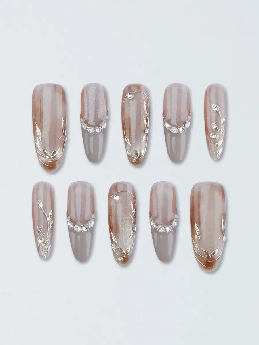 Nude Brown Gradient Press-On Nails with Metal Leaf & Rhinestones – Long Oval