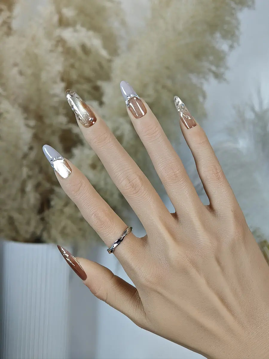 Nude Brown Gradient Press-On Nails with Metal Leaf & Rhinestones – Long Oval