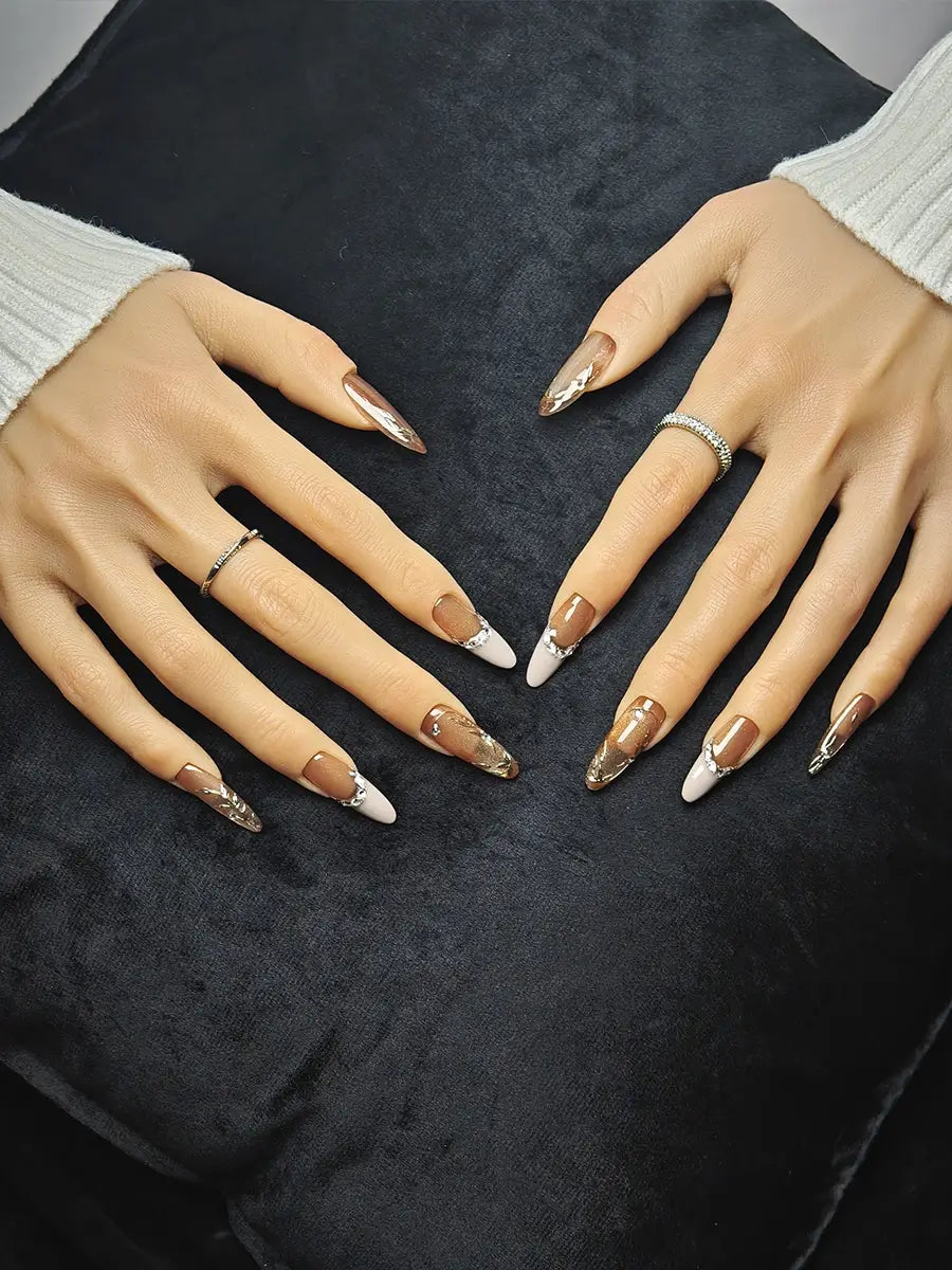 Nude Brown Gradient Press-On Nails with Metal Leaf & Rhinestones – Long Oval