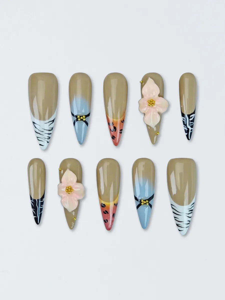 Vintage Luxe Animal Print 3D Floral Stiletto Nails