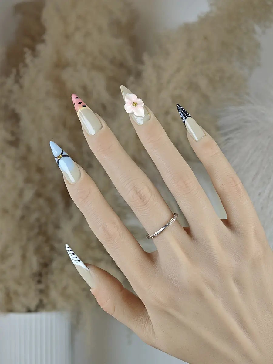 Vintage Luxe Animal Print 3D Floral Stiletto Nails