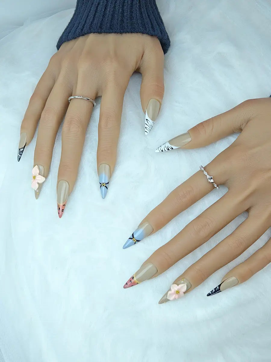 Vintage Luxe Animal Print 3D Floral Stiletto Nails