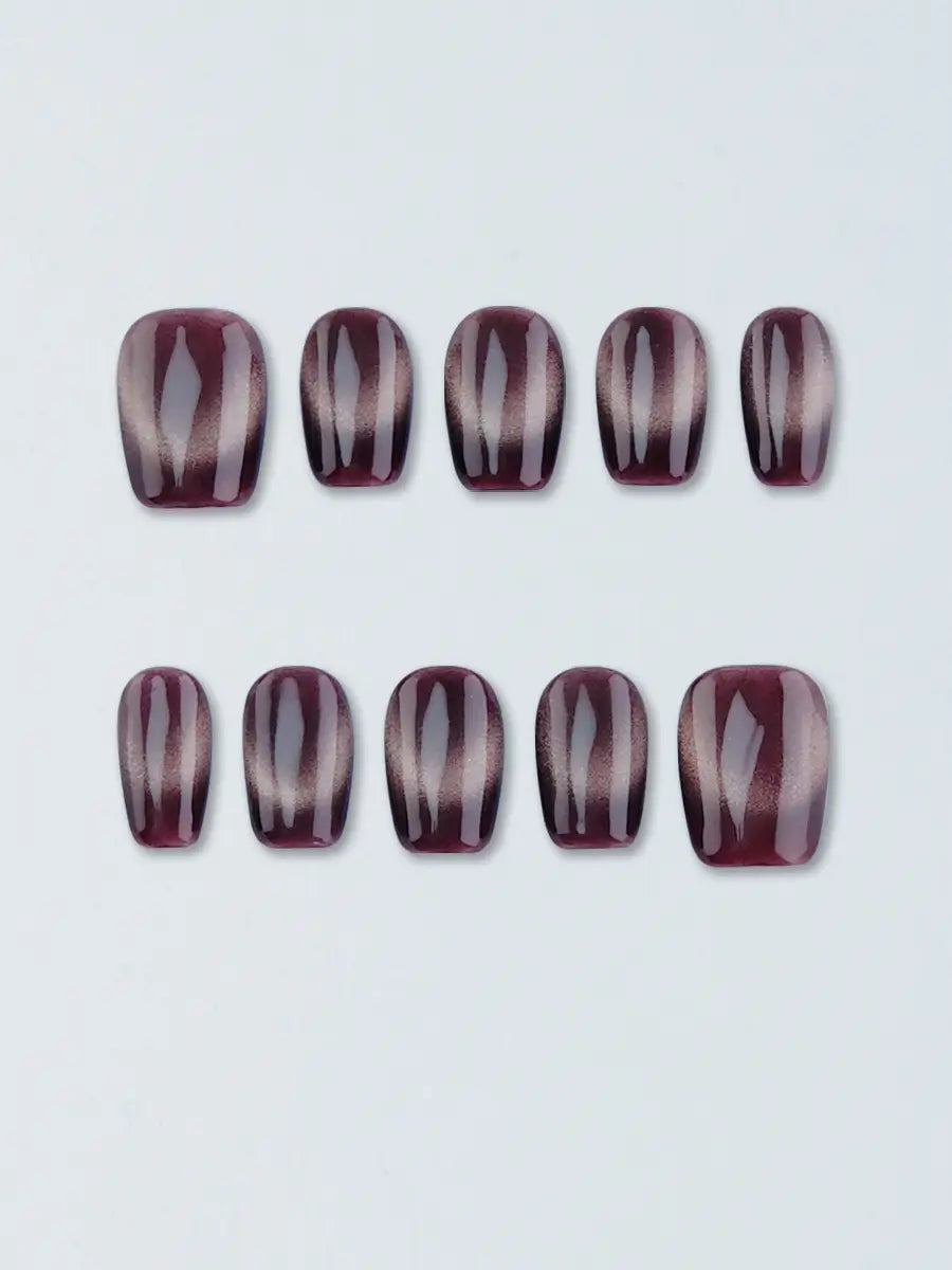Burgundy & Gold Gradient Cat Eye Press-On Nails – Vintage Luxury