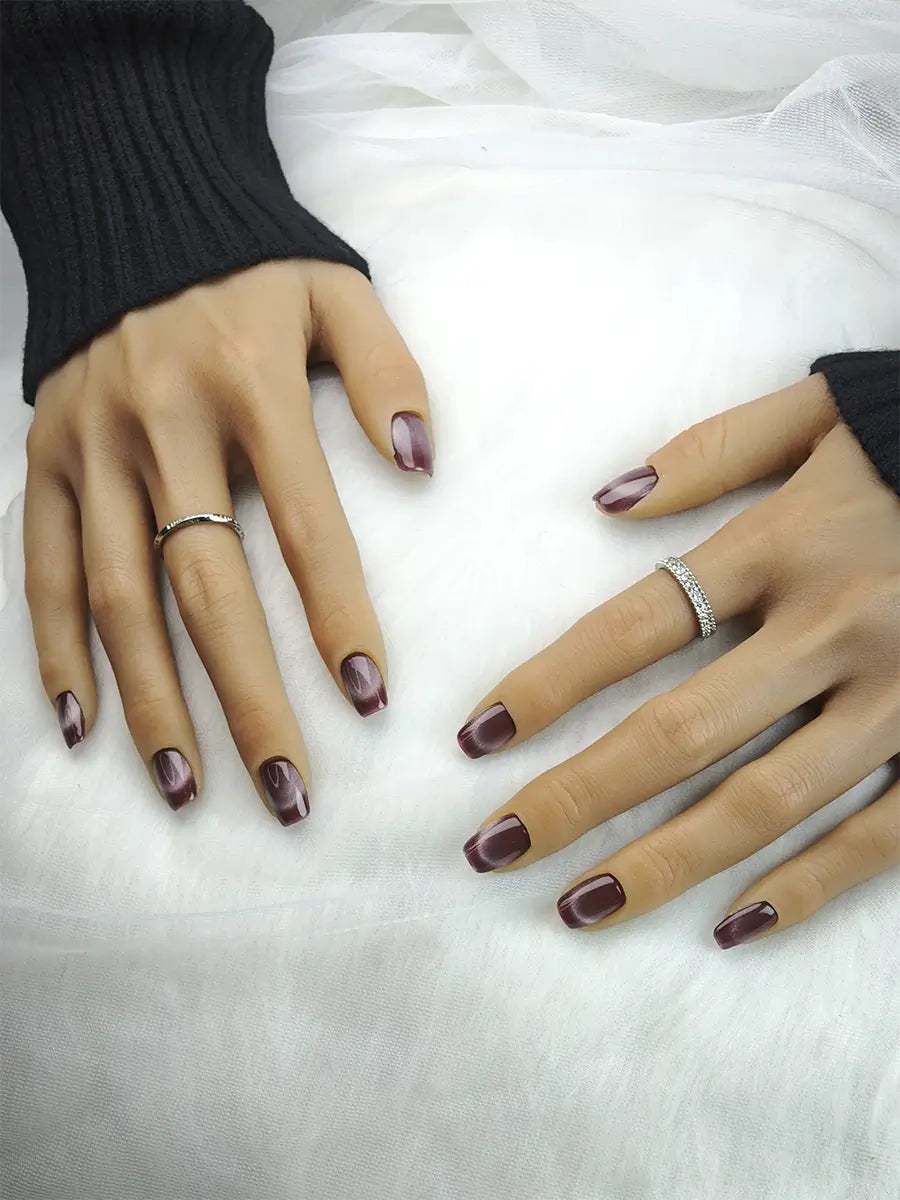 Burgundy & Gold Gradient Cat Eye Press-On Nails – Vintage Luxury