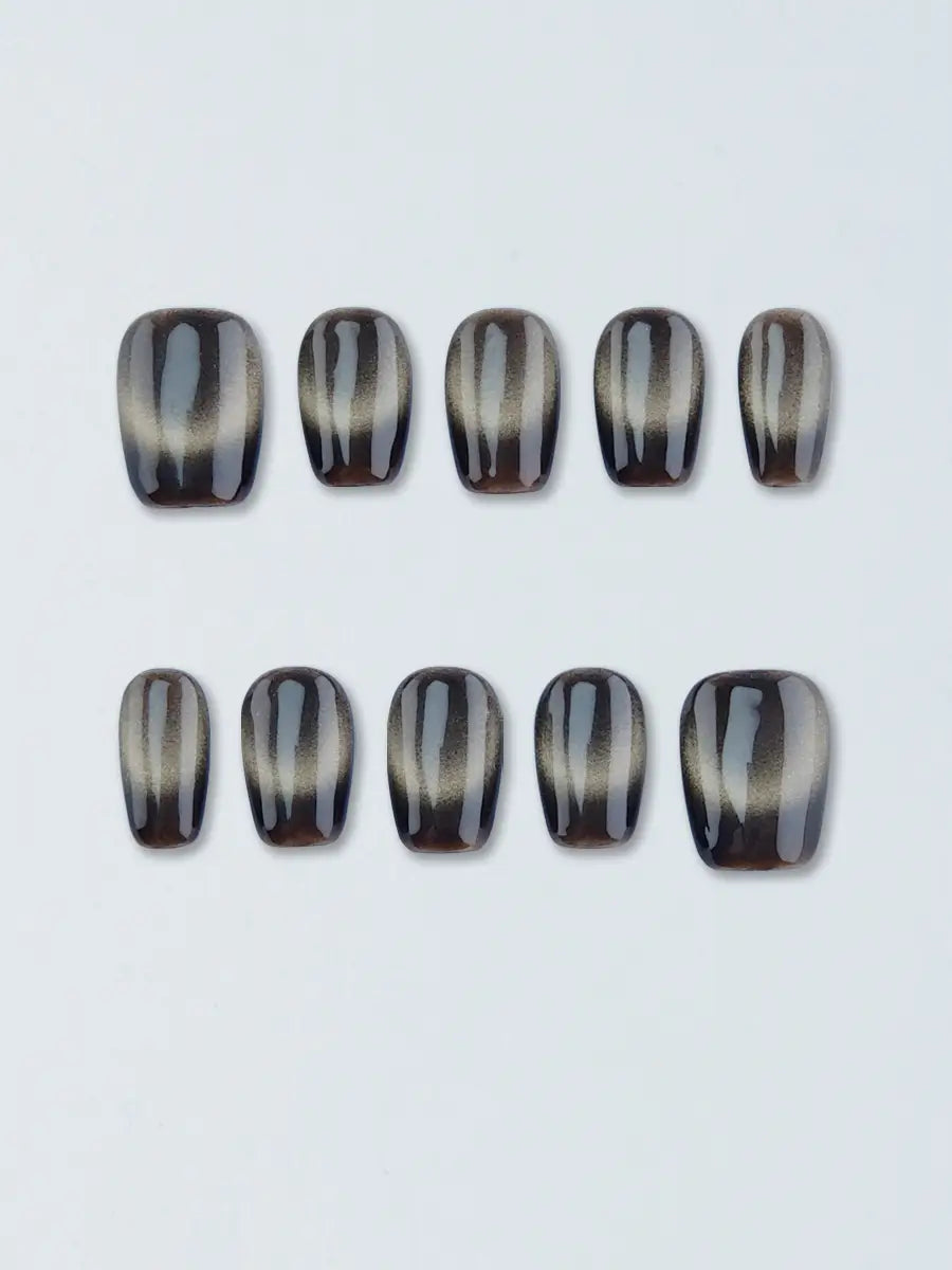 Dark Brown & Gold Gradient Cat Eye Press-On Nails – Vintage Luxury