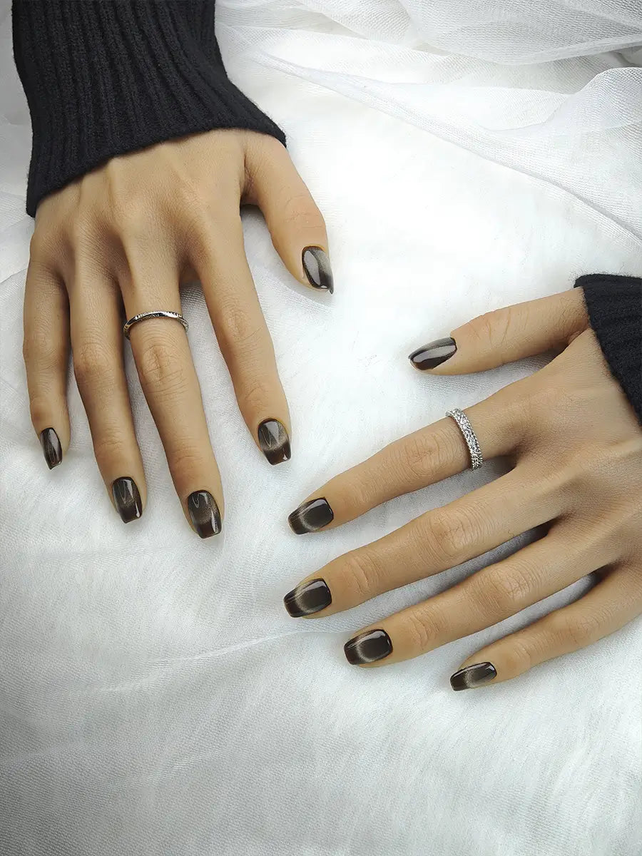 Dark Brown & Gold Gradient Cat Eye Press-On Nails – Vintage Luxury