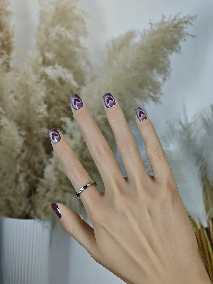Pink Purple Heart Cat Eye Press-On Nails – Sweet & Dreamy