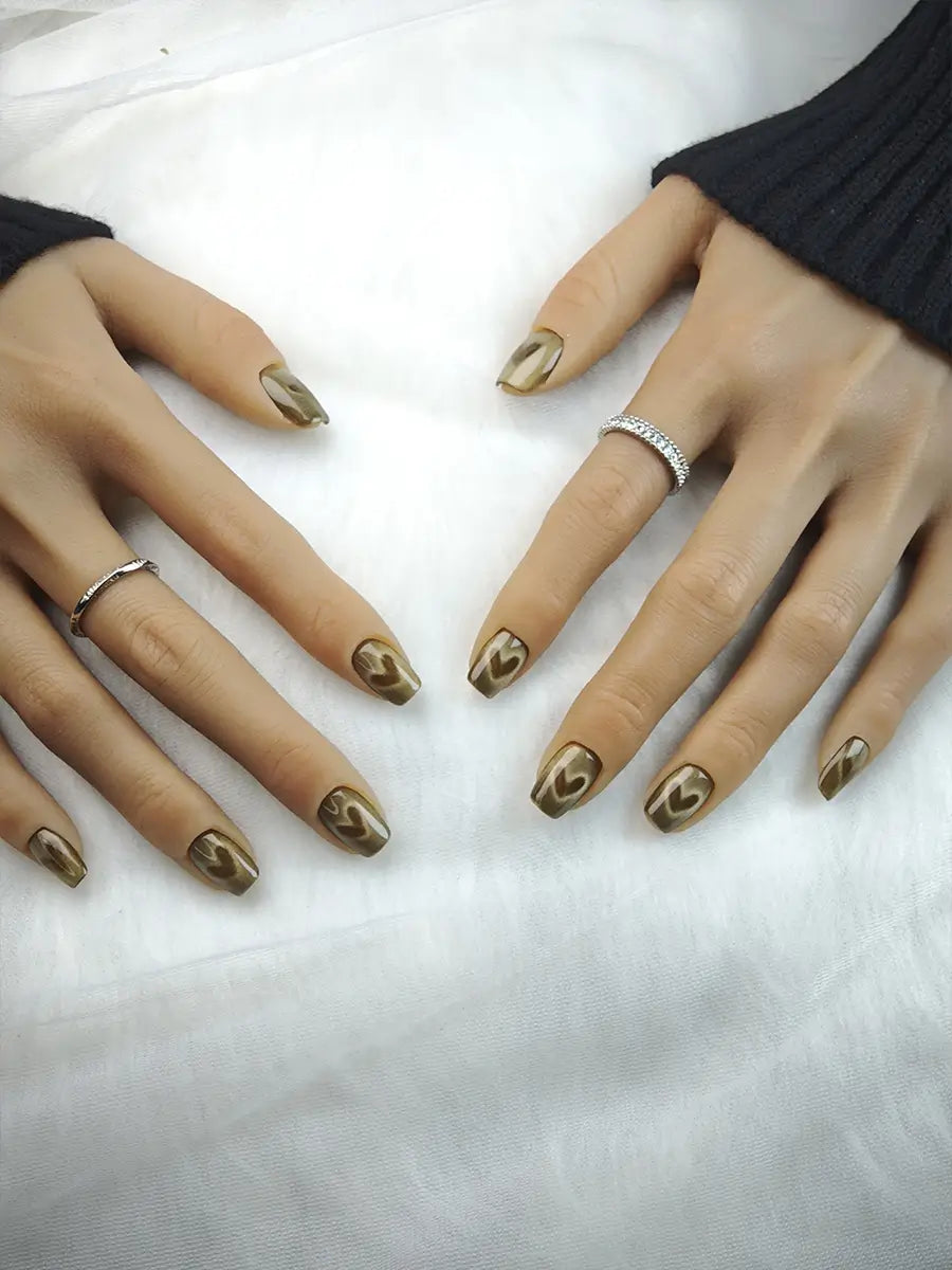 Olive Brown Heart Cat Eye Press-On Nails – Vintage Chic