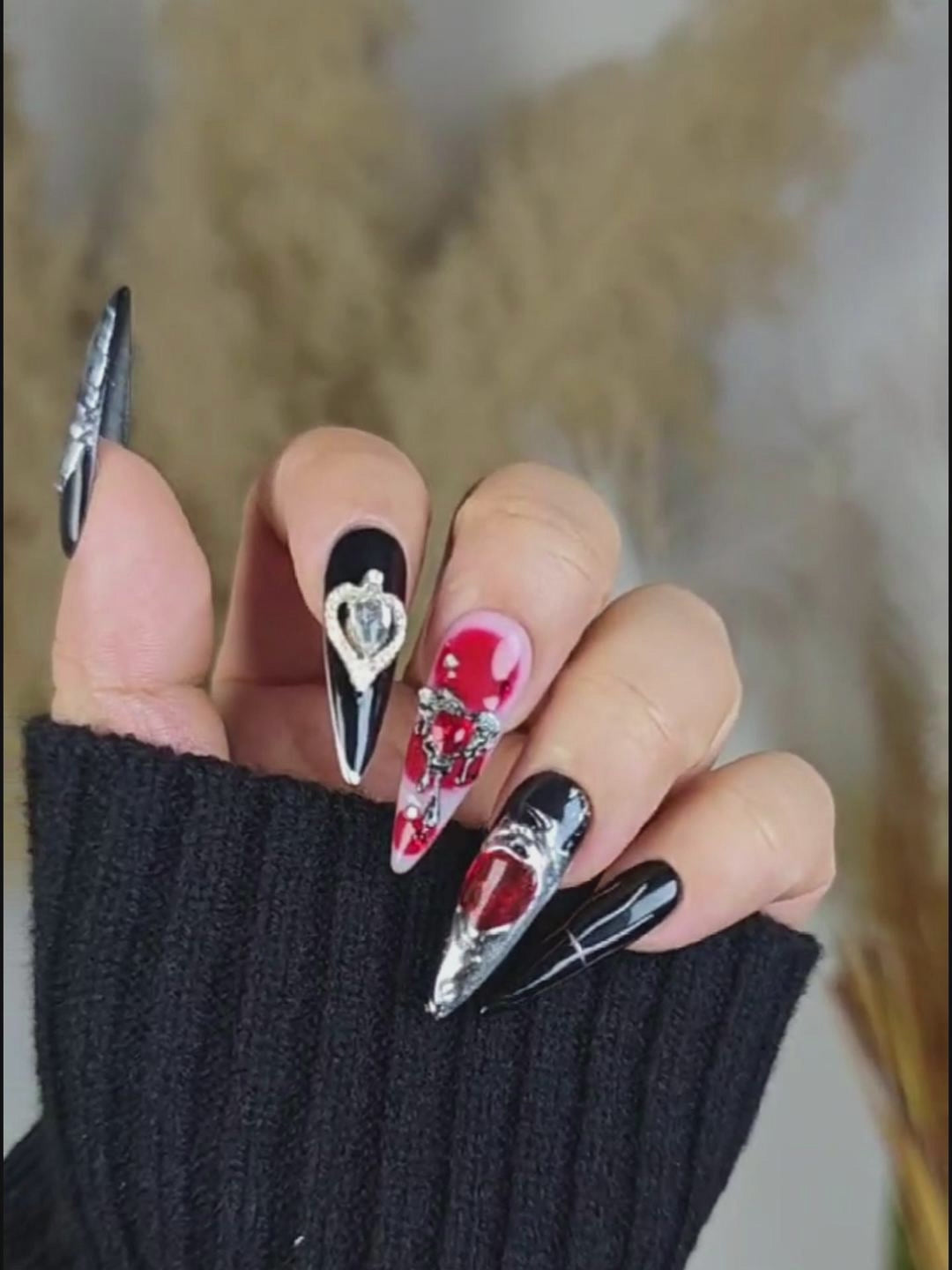 Black Red Gothic Stiletto Nails with Metal Heart Charms