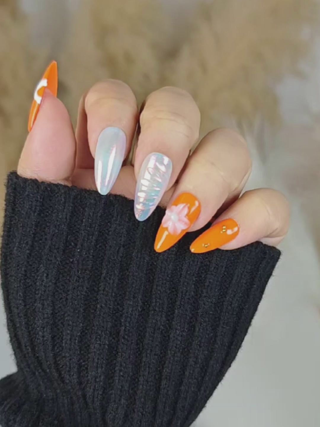 Orange & White 3D Floral Almond Press-On Nails – Iridescent Luxury Design