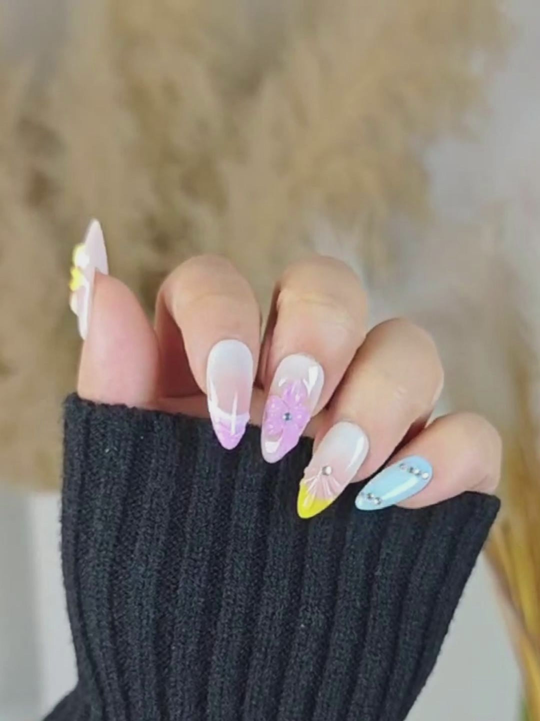 Macaron Color 3D Floral Press-On Nails – Mixed Almond Shape