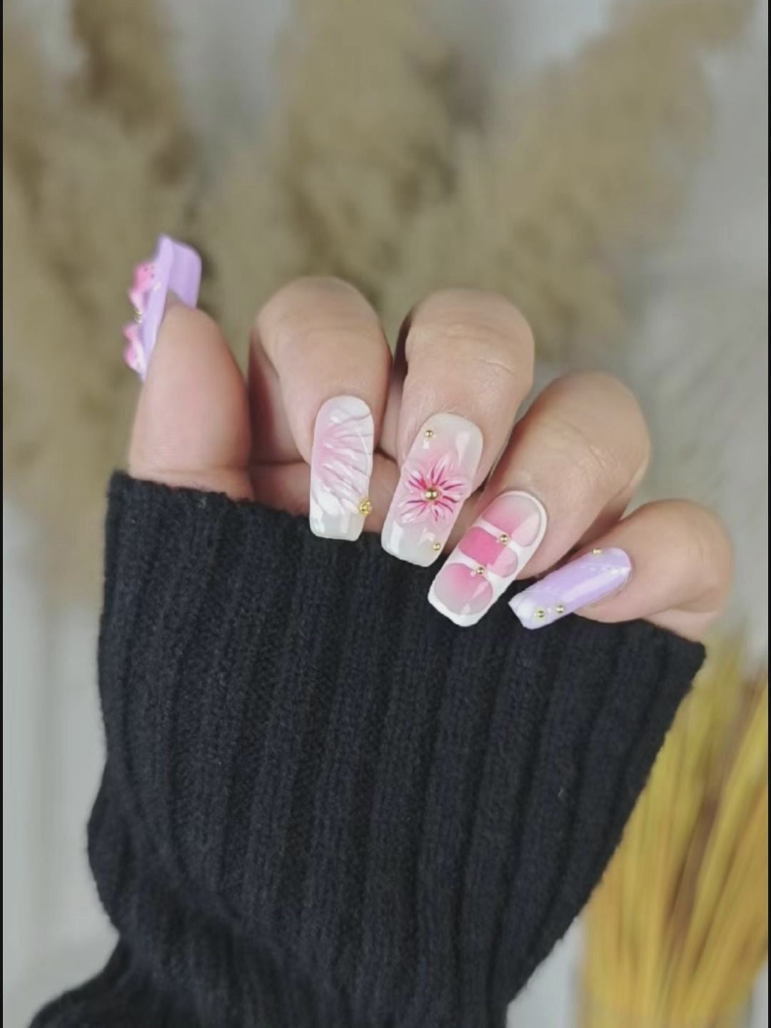 Pink Purple 3D Flower Gold Accent Press-On Nails – Long Square