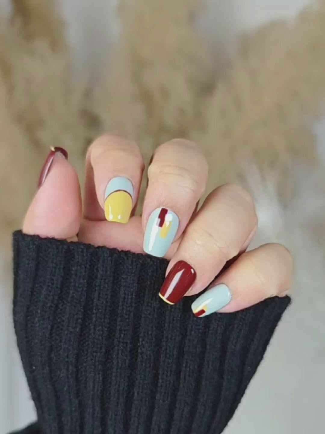 Burgundy Yellow Green Geometric Press-On Nails with Artistic Design