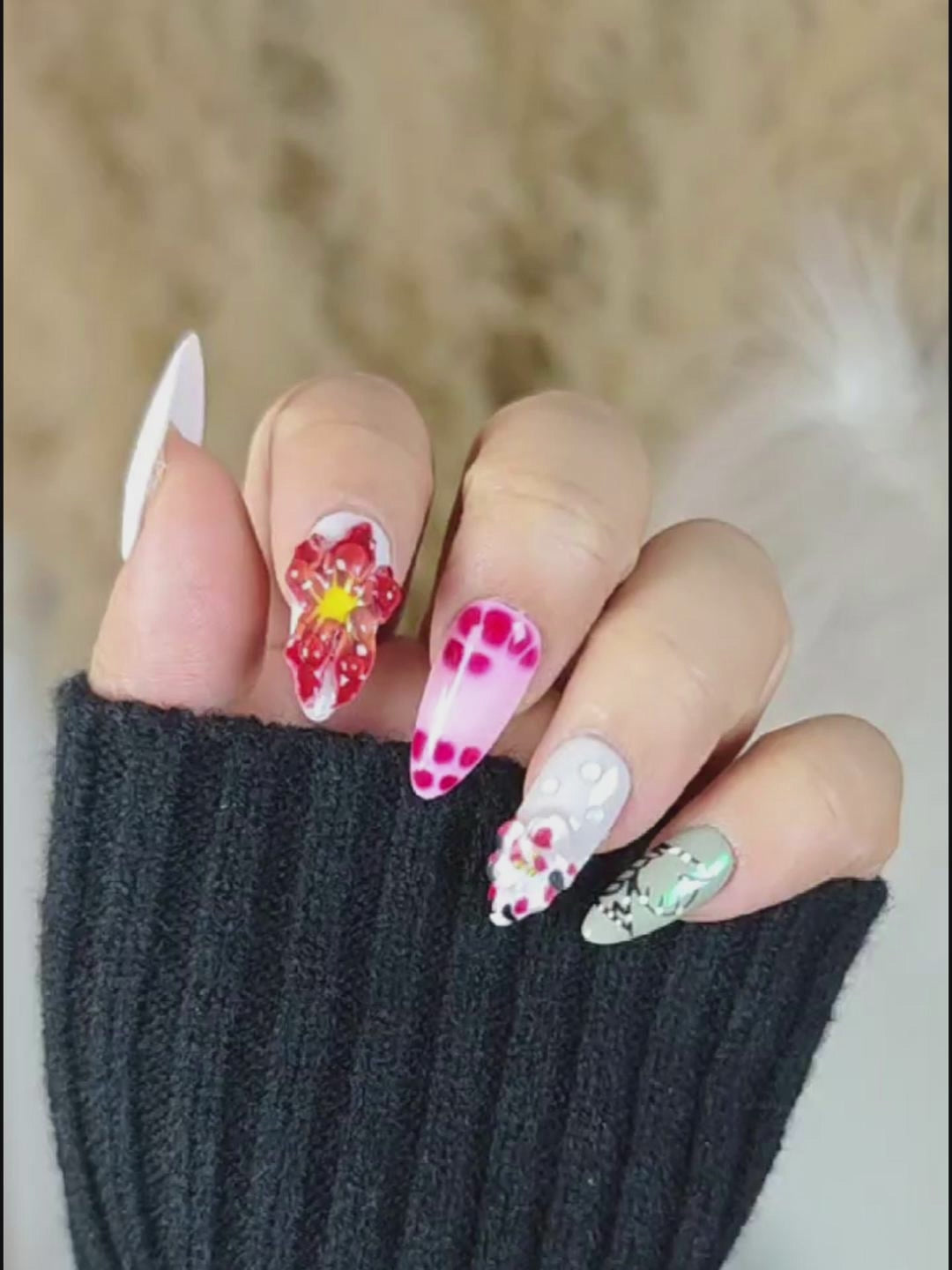 Pink & White 3D Flower Press-On Nails – Artistic Almond Shape