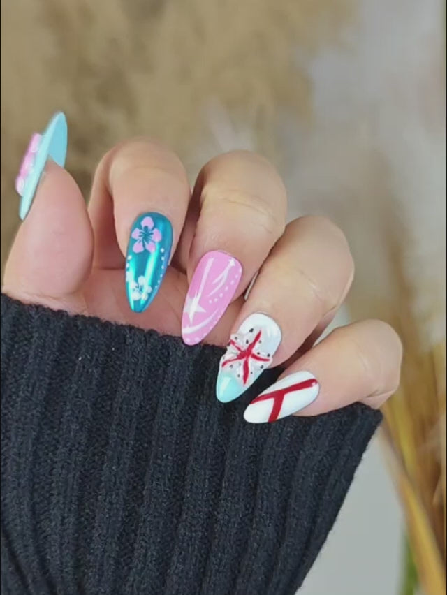 Coastal Charm Almond Nails – Sculpted Starfish, Pink-Blue Fusion and Ocean Vibes