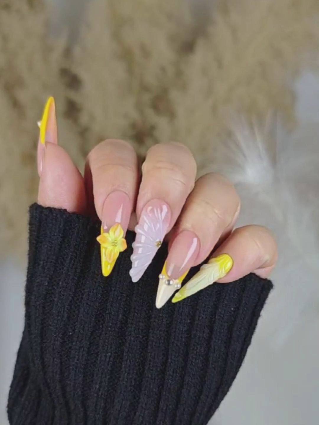 Nude Pink to Warm Yellow Stiletto Press-On Nails with 3D Flowers & Butterfly Charms
