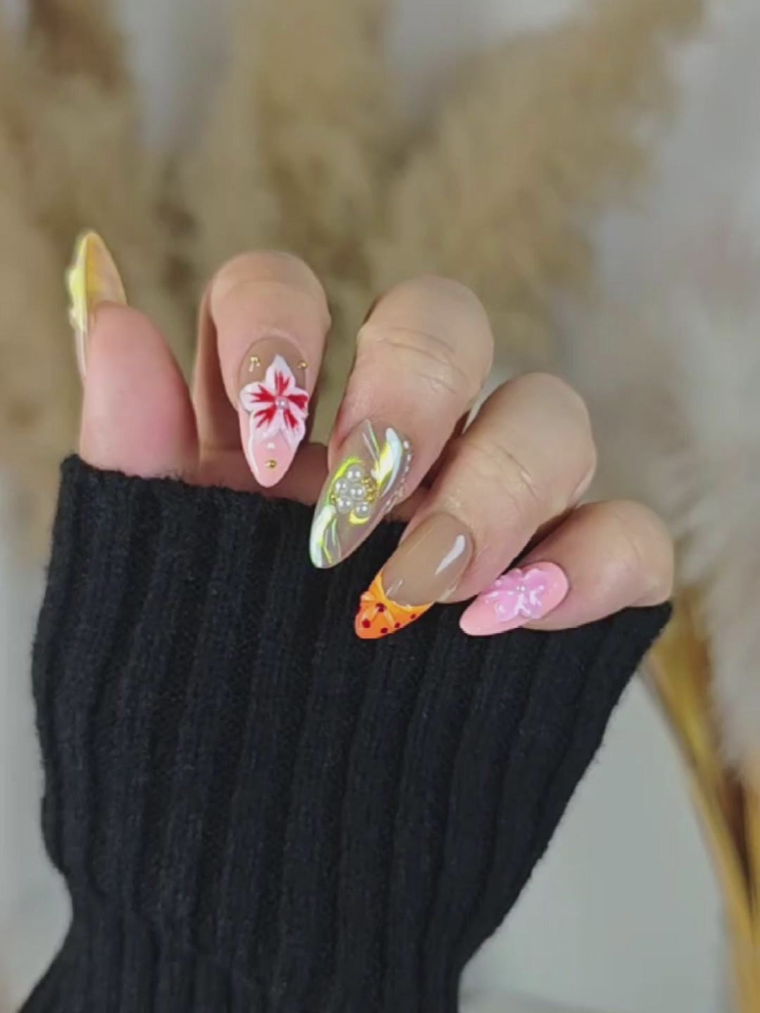 Nude Brown Gradient Press-On Nails – 3D Floral Pearl Almond Nails