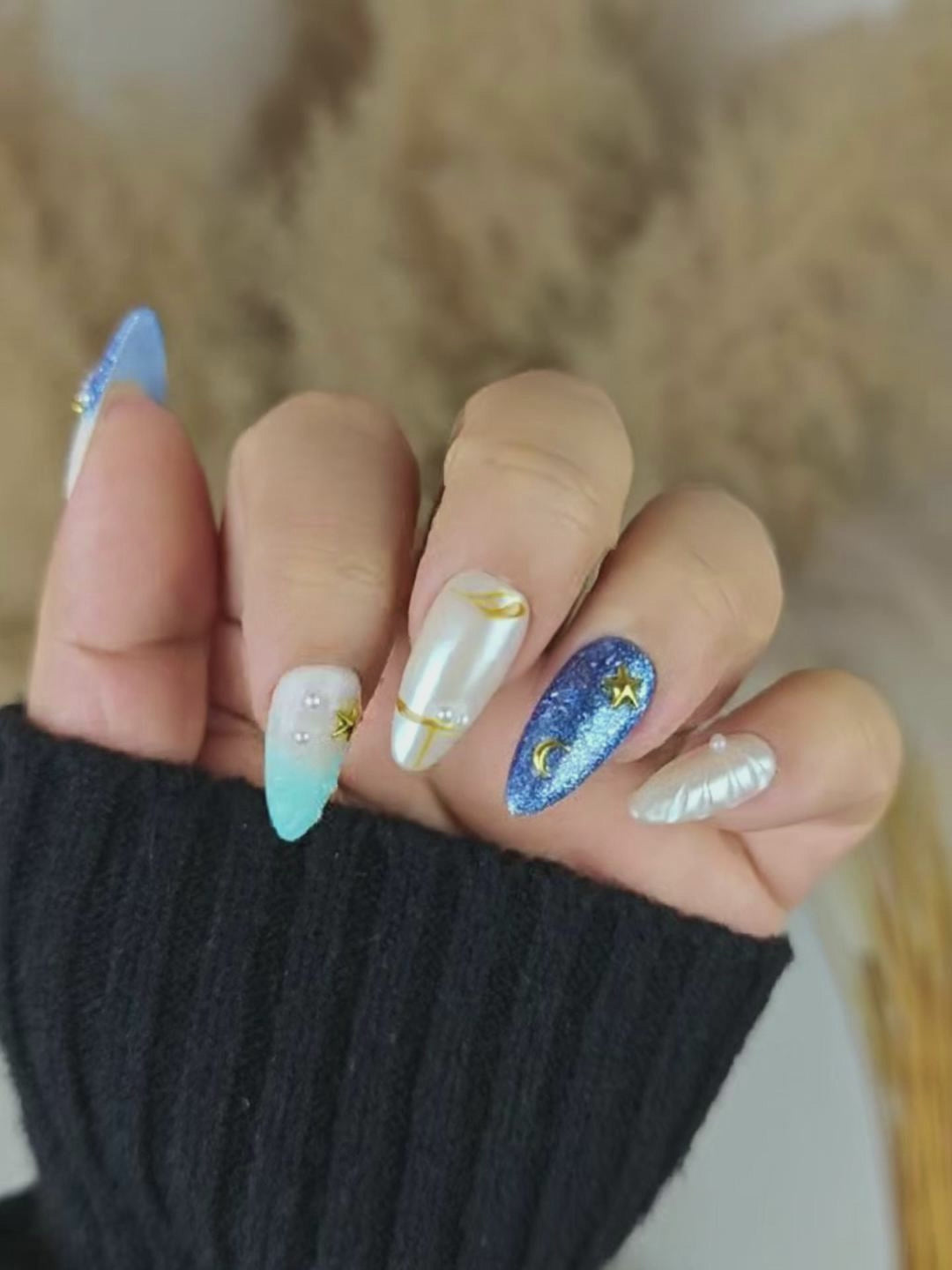 Blue & White Galaxy Pearl Press-On Nails – Luxury Starry Almond Tips