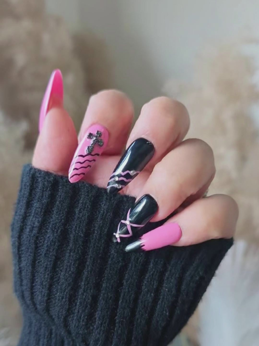 Pink & Black Punk Almond Press-On Nails with Metallic Cross & Stud Accents