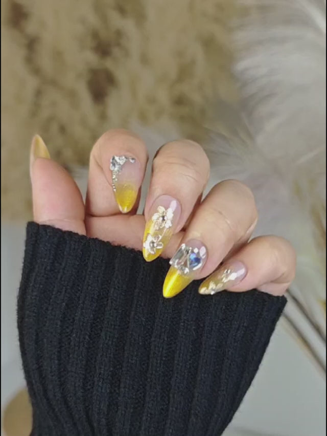 Minimalist Mustard Gradient Almond Nails with Elegant French Tips and Sparkling Rhinestones