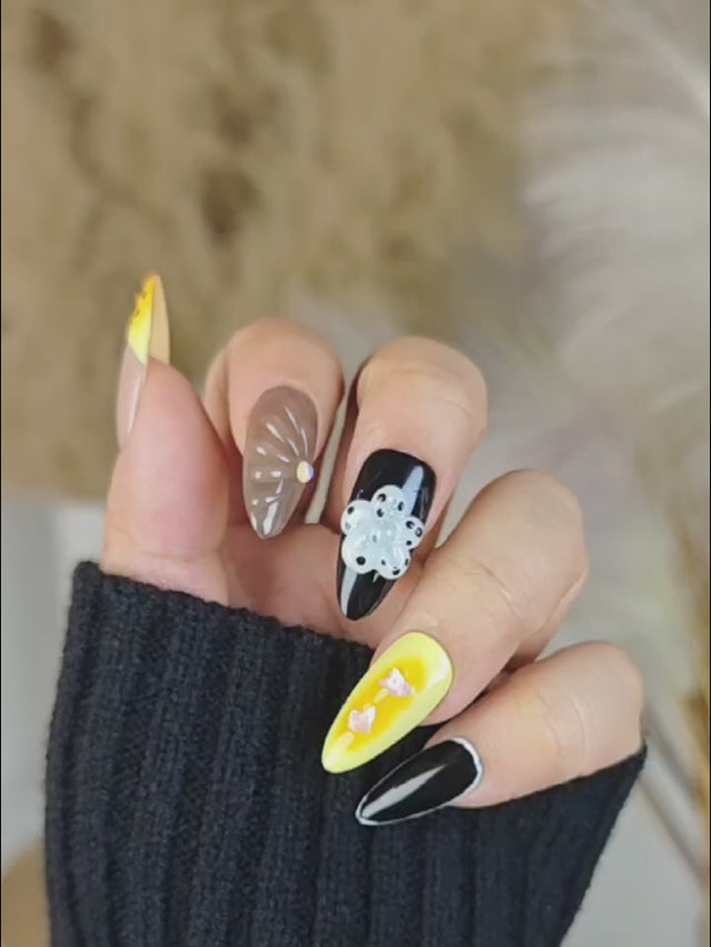 Cute & Edgy Almond Nails with Polka Dot Tips and Raised Floral Elements   Black-Yellow-Grey Design
