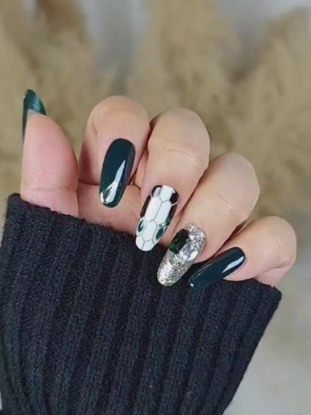 Dark Green Snake Print Press-On Nails with Rhinestones & Metal Accents – Long Oval