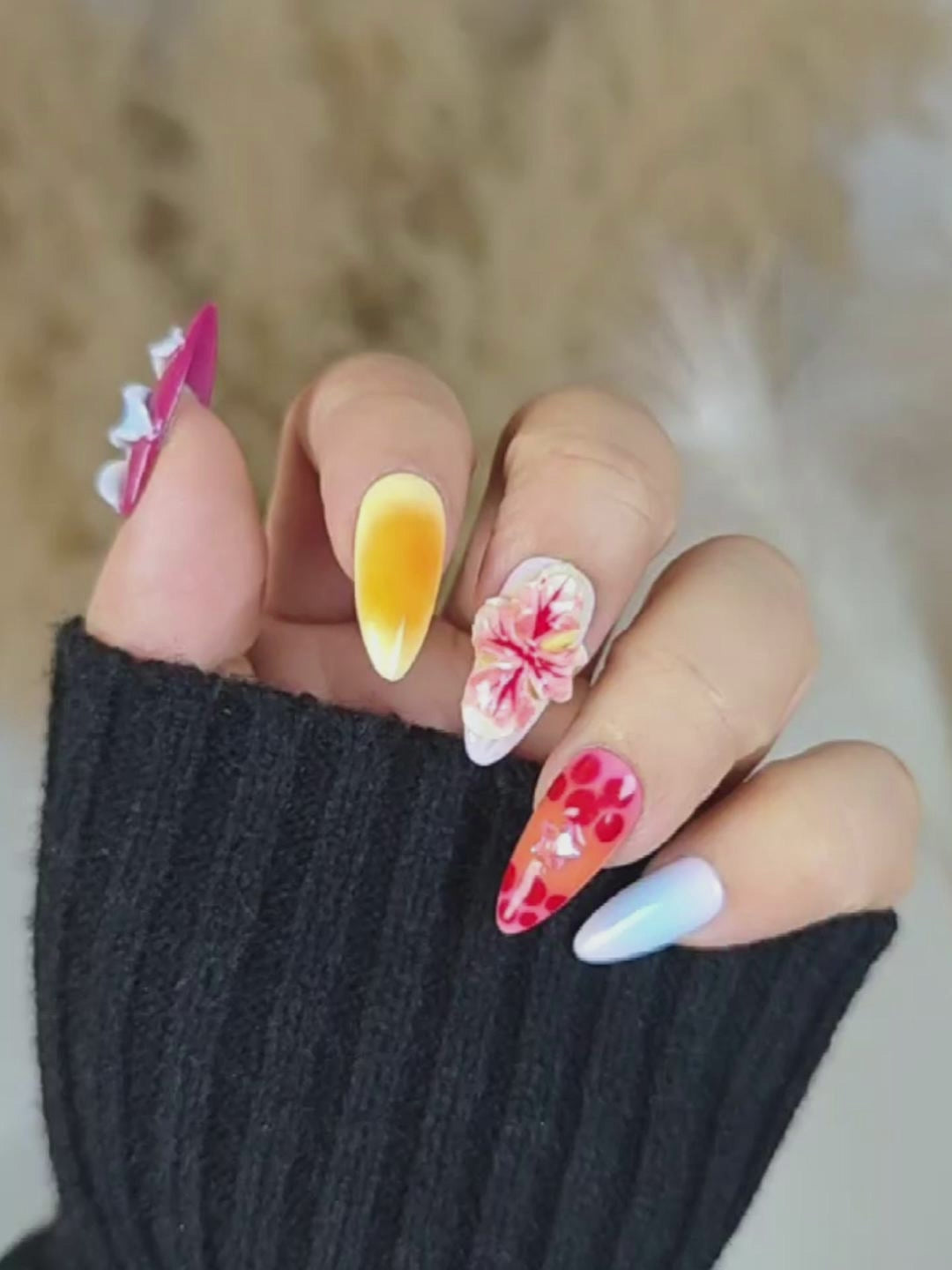Multicolor Floral & Insect Almond Press-On Nails – Artistic & Creative