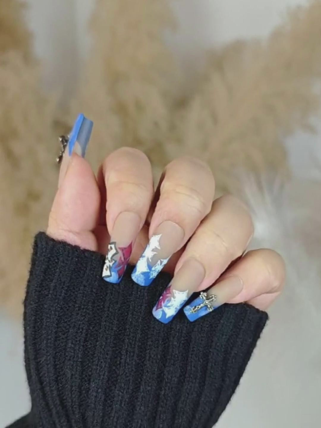 Nude Blue Color Block Press-On Nails – Metal Cross Hand-Painted Long Square Tips