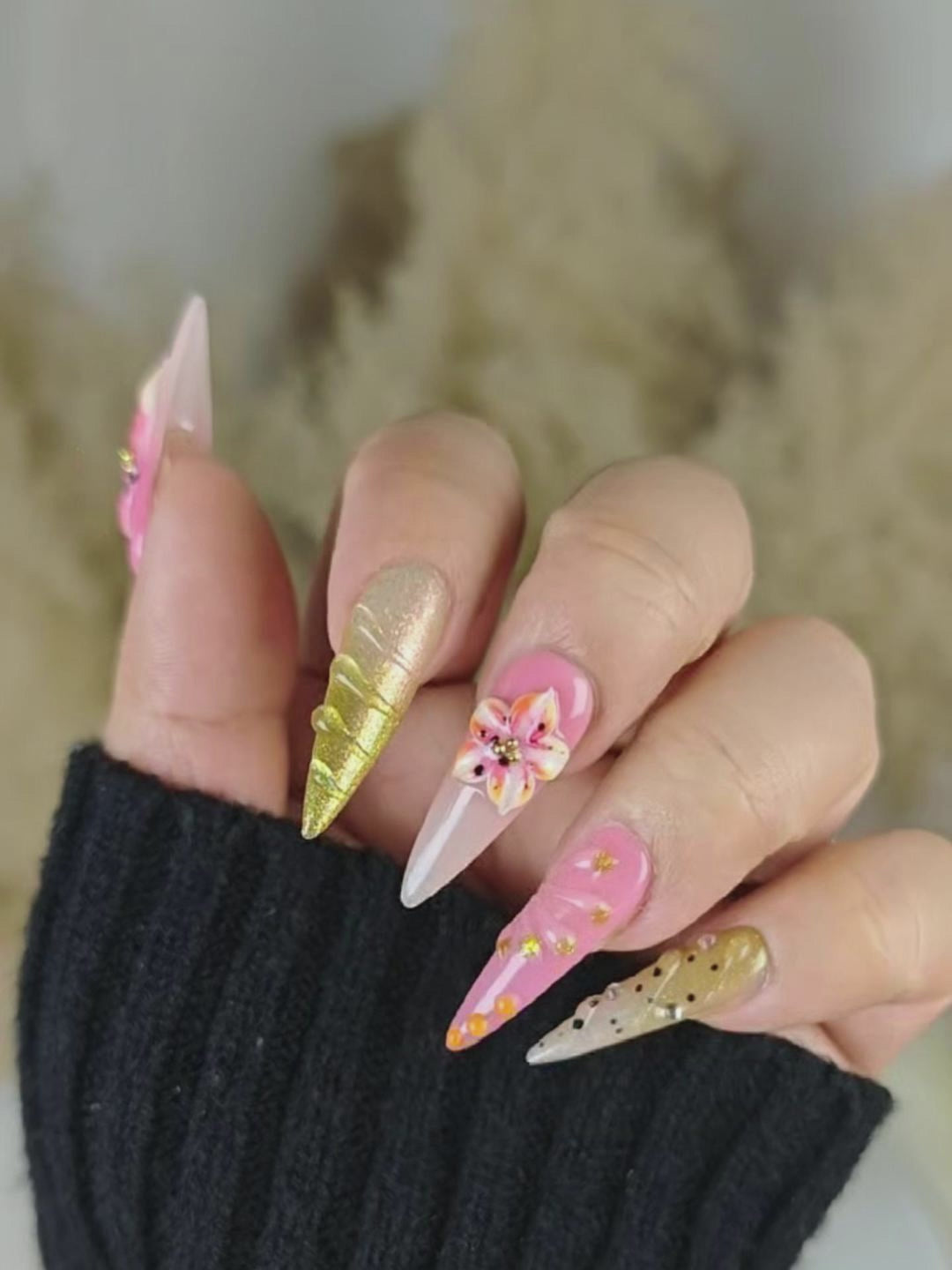 Sweet Nude & Gold 3D Embossed Press-On Nails – Elegant Stiletto Design