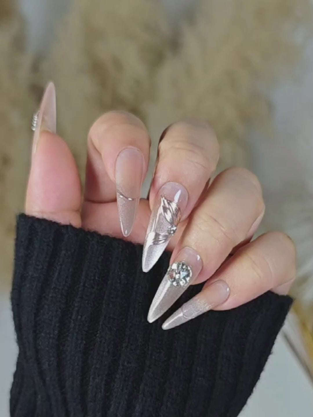 Nude Luxury Metallic Stiletto Press-On Nails with Rhinestones & Metal Accents