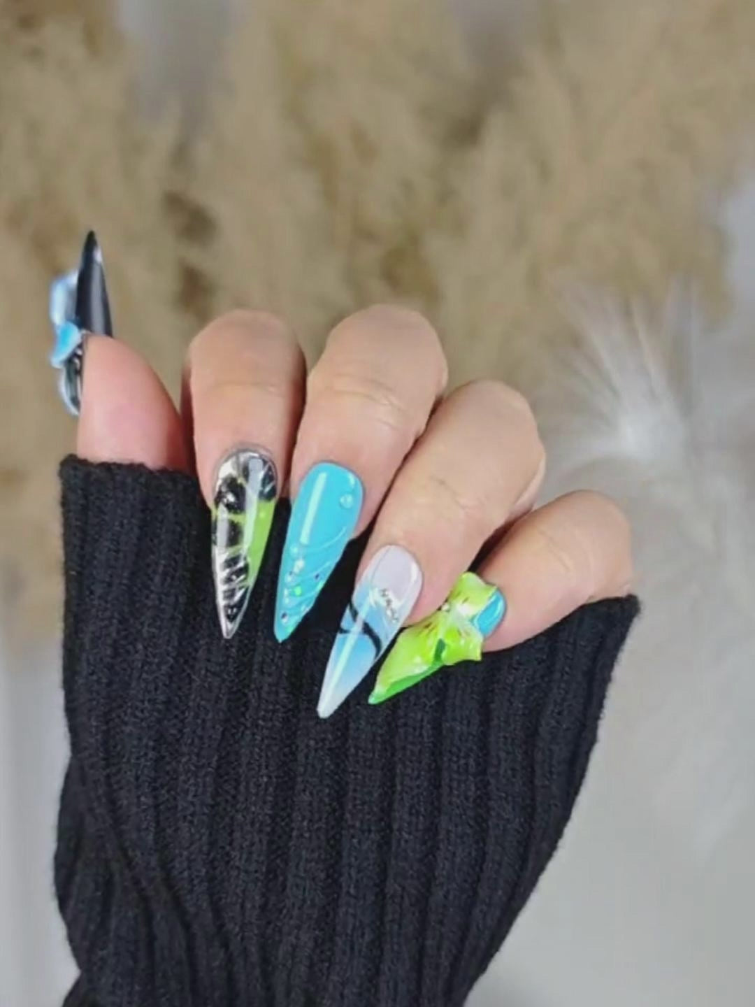 Ice Blue & Green Stiletto Press-On Nails with 3D Floral & Metallic Accents