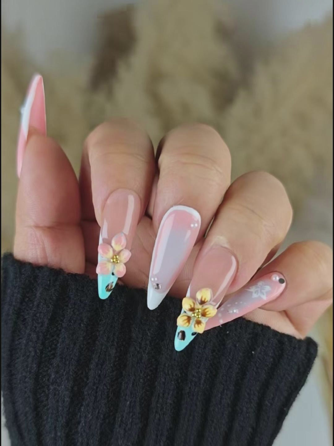 Nude Pink 3D Floral Stiletto Press-On Nails – Soft Gradient & Pearls