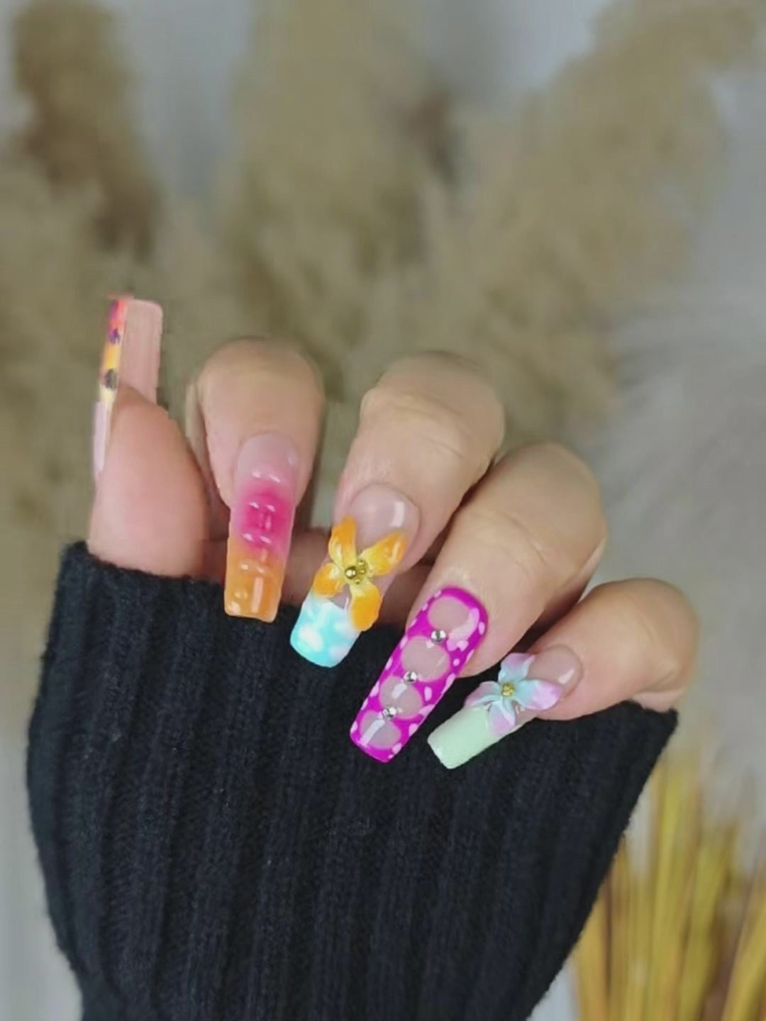Colorful 3D Element Press-On Nails – Long Square, Sweet & Cool Style