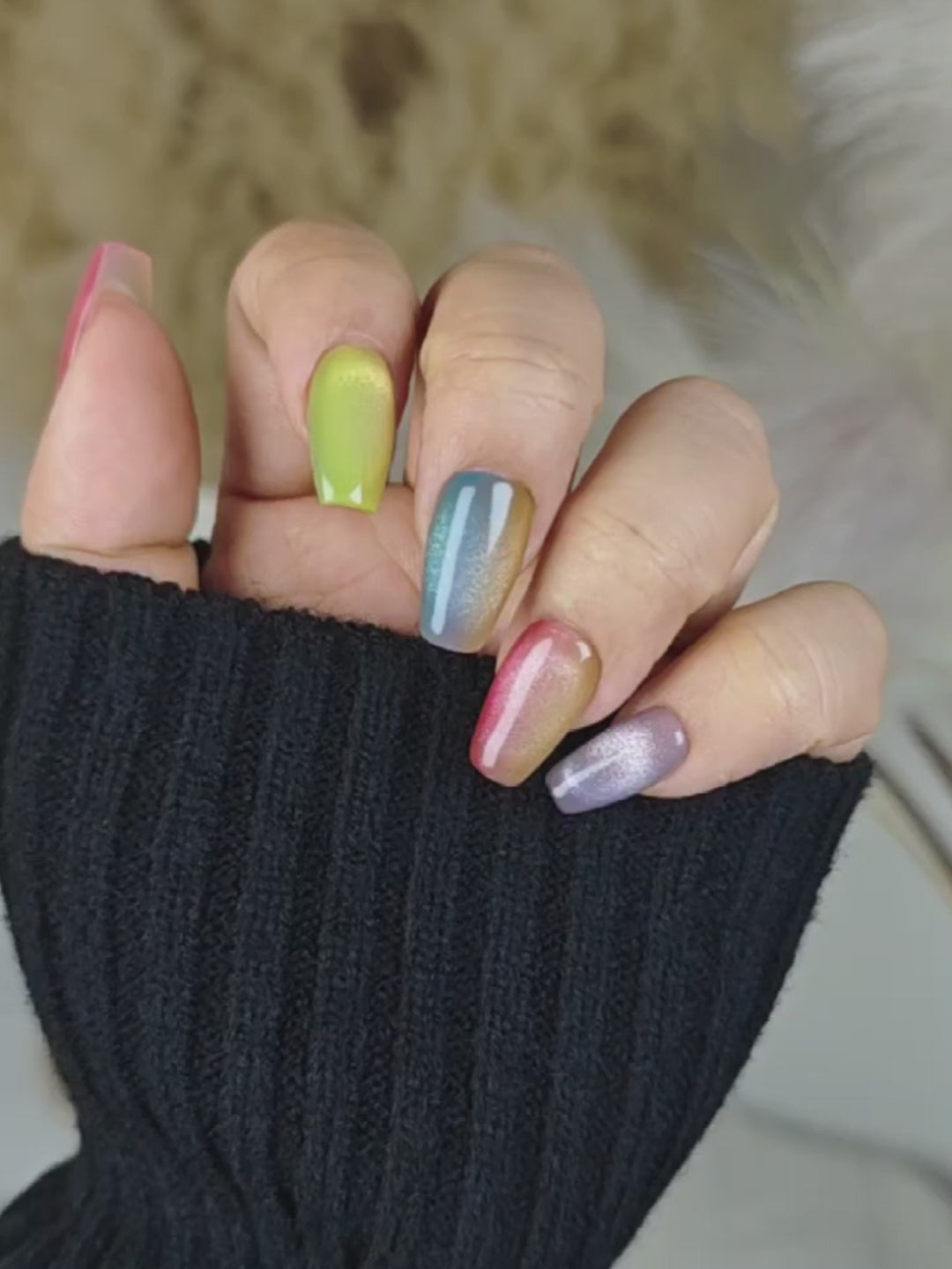 Colorful Cat Eye Nails Medium Press Ons with Gradient Effect