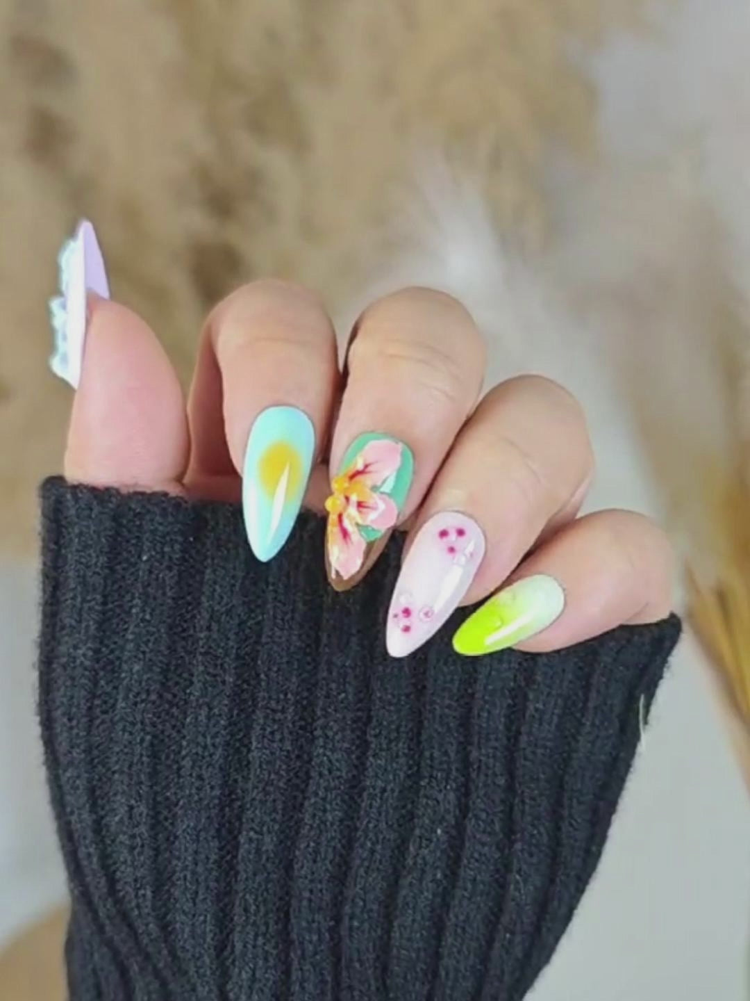 Multicolor 3D Flower Press-On Nails – Artistic Almond Nails