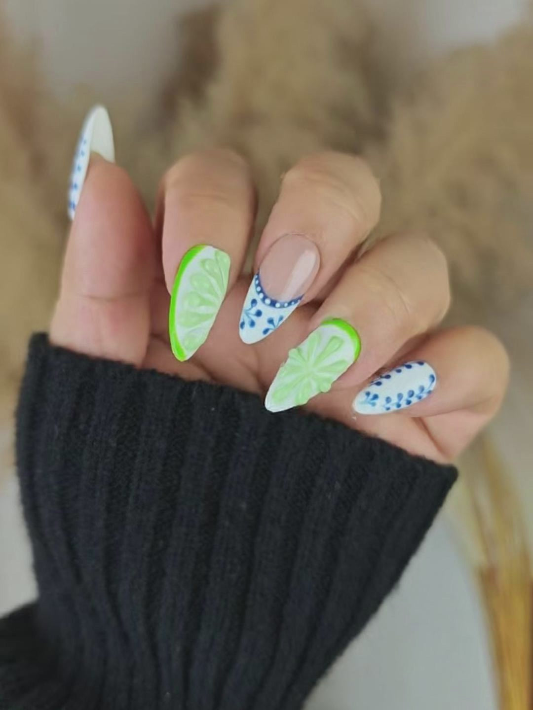 Blue Green Embossed Floral Press-On Nails – Artistic Almond Shape