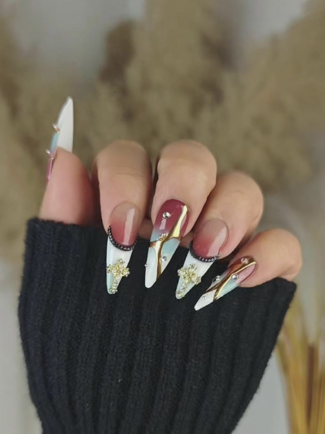 Vintage Luxe Religious Stiletto Press-On Nails – Brown & Gray Gradient