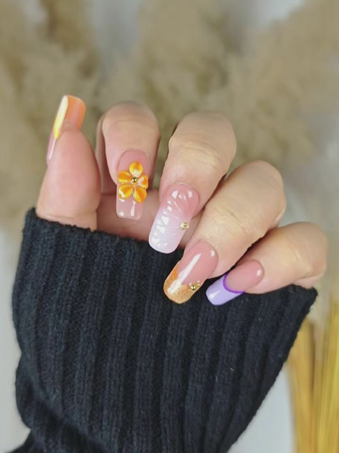 Color Block 3D Floral Gold Accent Press-On Nails – Long Square