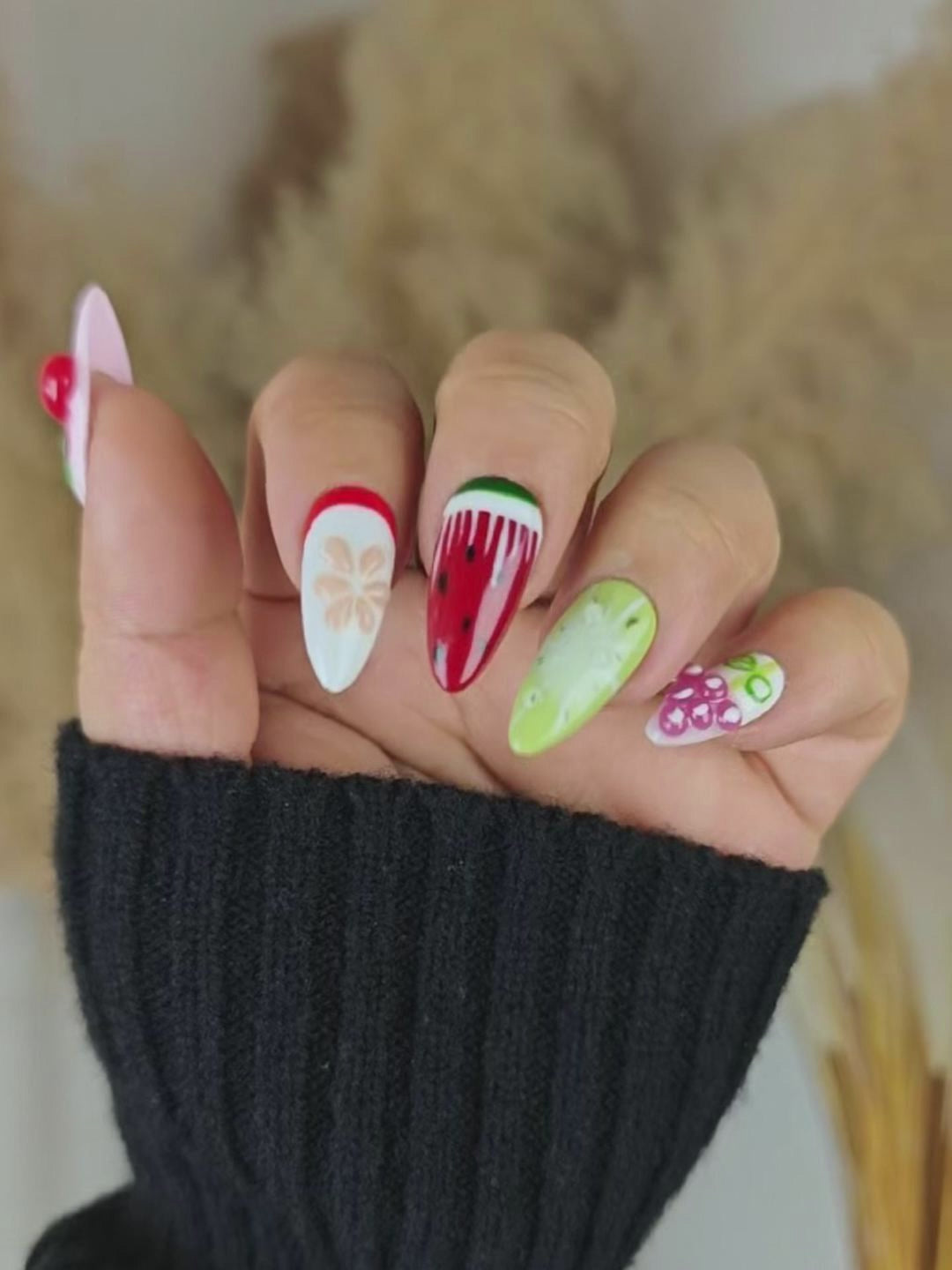 Summer Fruit Almond Press-On Nails – 3D Cherry, Watermelon & More