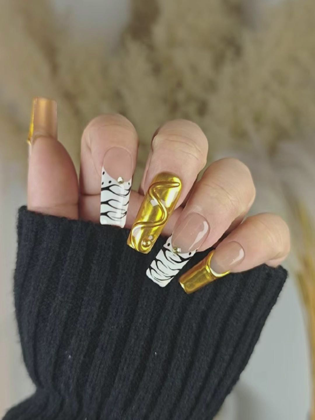 Nude Brown Gold Tiger Print Press-On Nails – Long Square, Metallic Luxury Style