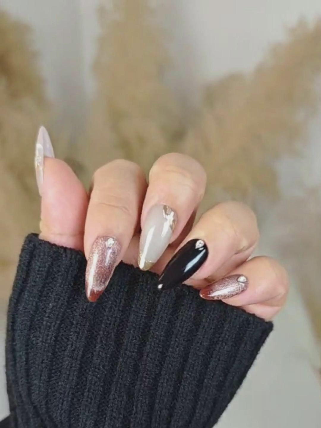 Nude Brown Almond Press-On Nails – Gold Accents & Rhinestones