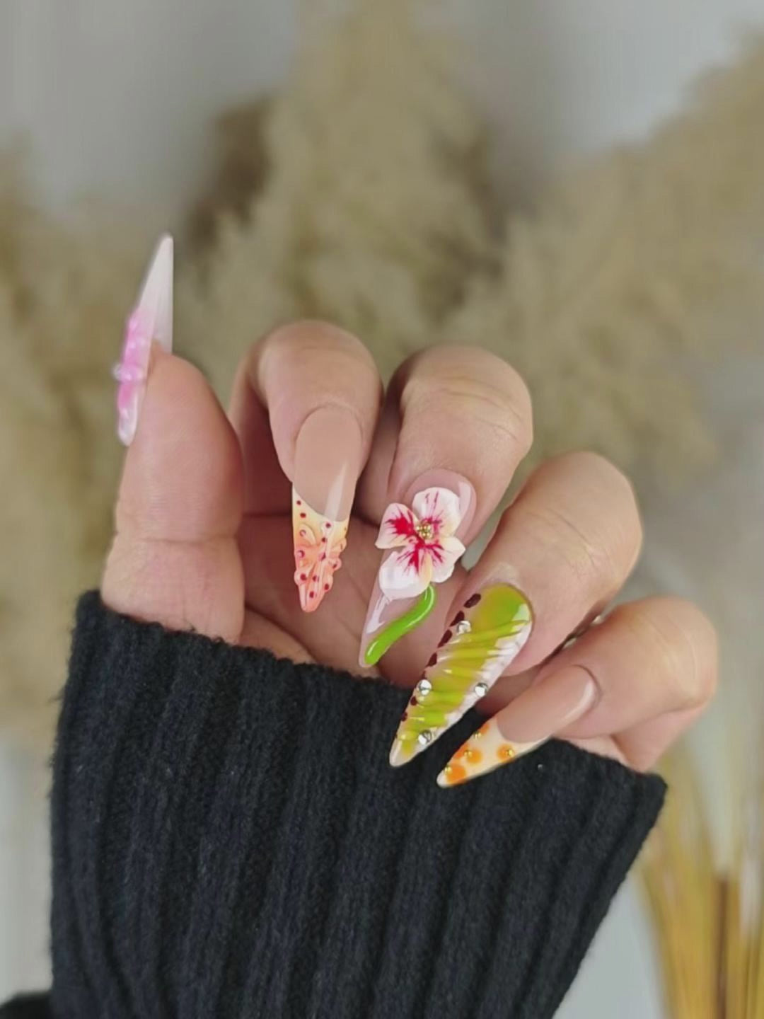 Forest Bloom 3D Floral Stiletto Press-On Nails – Nude, Pink & Green Tones