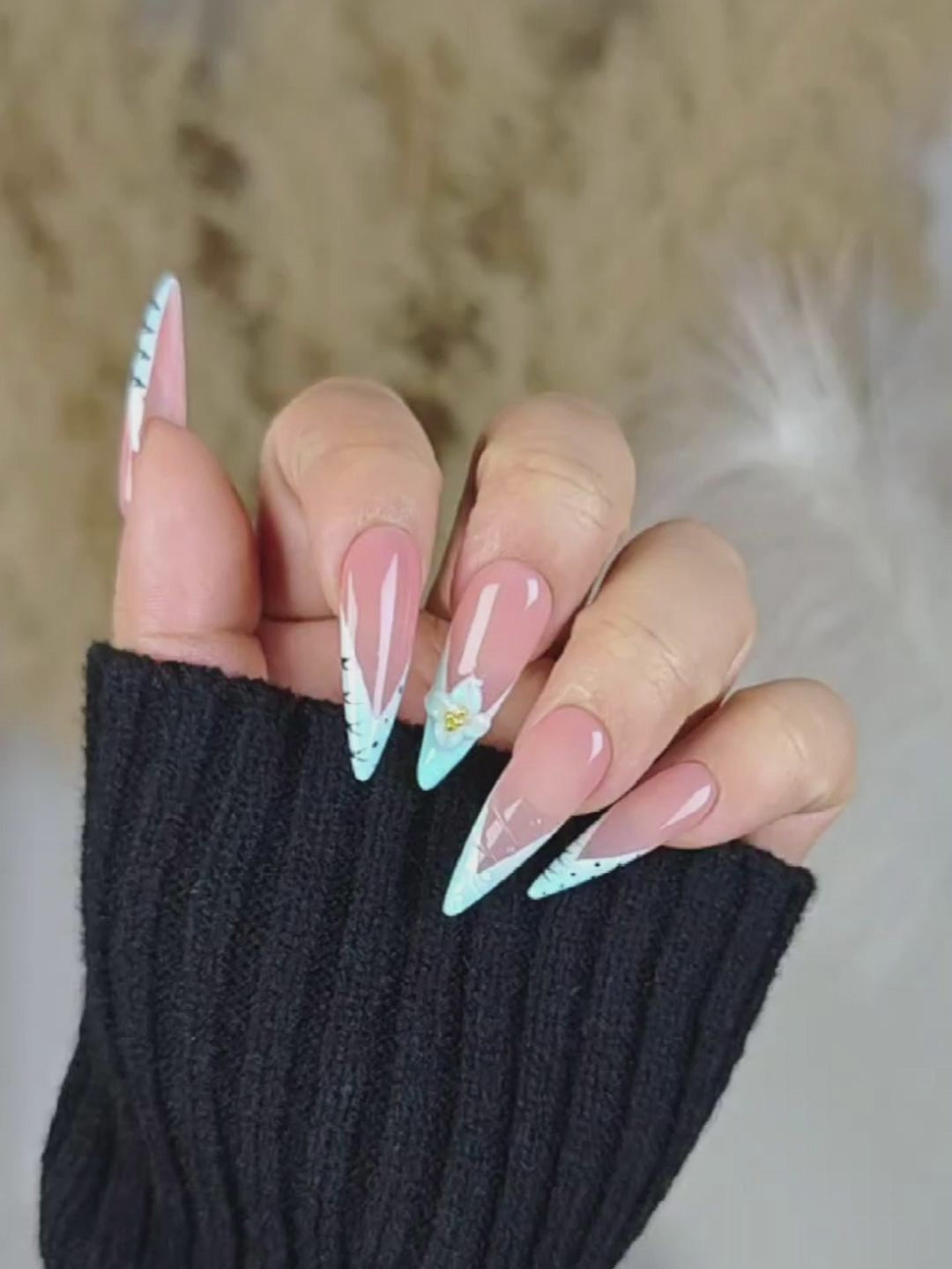 Nude Pink & Ice Blue Stiletto Press-On Nails with 3D Floral Accents