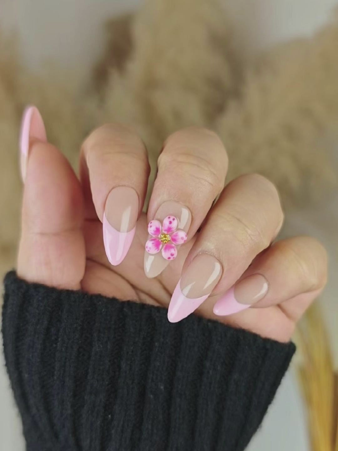 Nude Pink Gradient French Press-On Nails – 3D Floral Elegant Design