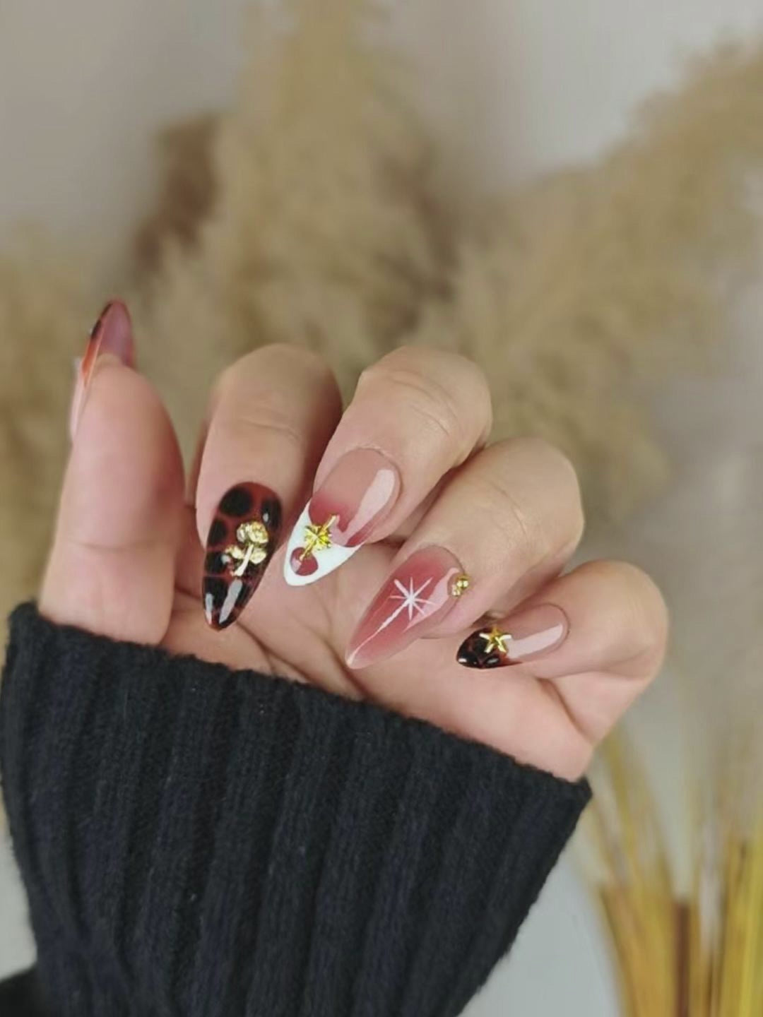 Red Brown Almond Press-On Nails – Metal & 3D Butterfly Retro Design