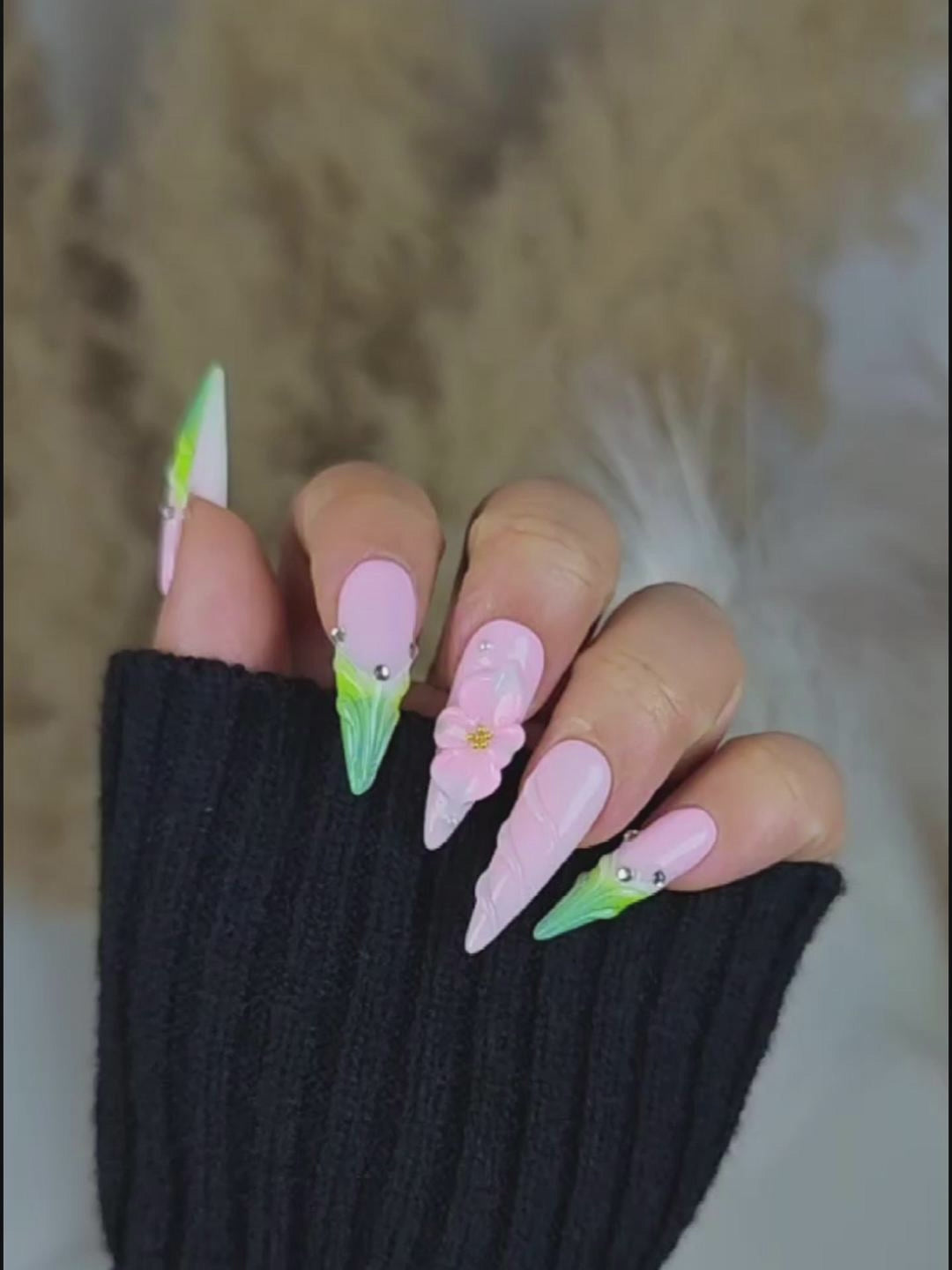 Pink & Green 3D Floral Stiletto Press-On Nails with Crystal Embellishments