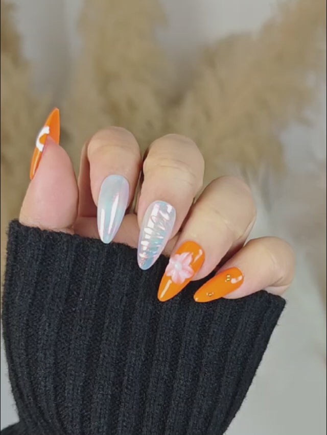 Colorful Almond Nails with 3D Mini Florals and Orange-White French Twist