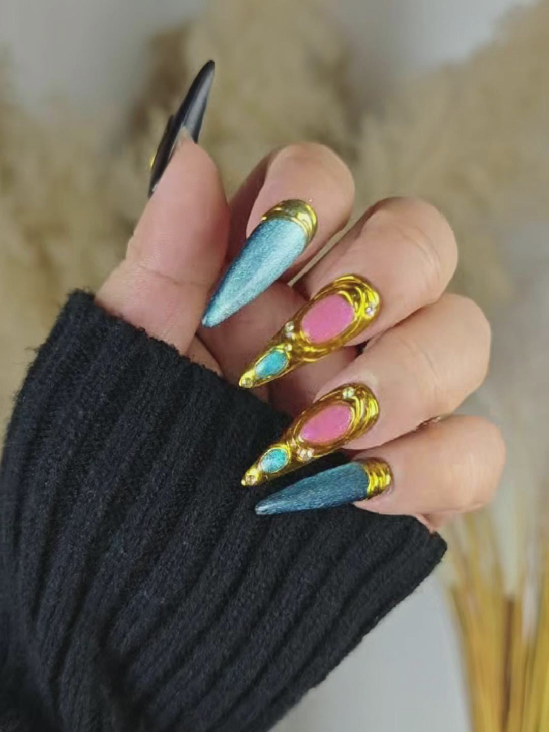 Luxe Metallic Colorblock Stiletto Press-On Nails – Black, Blue & Pink Gold